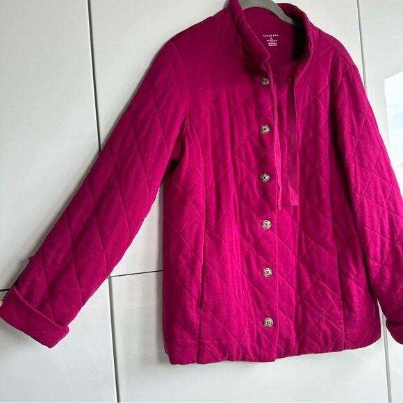 Lands’ End Quilted Jacket Size Medium Pink Cotton Button Front Comfortable - Picture 2 of 9